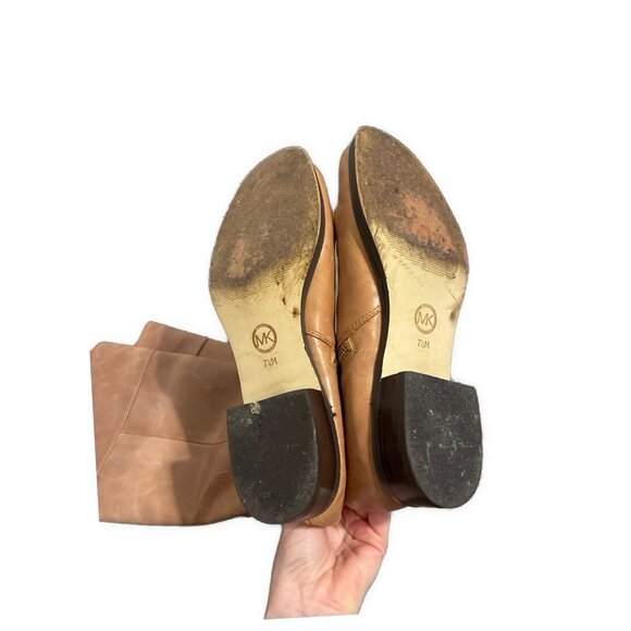 MICHAEL KORS FULTON HARNESS Camel Brown  GOLD MK LOGO LUGGAGE RIDING BOOTS 7.5 - Picture 5 of 9